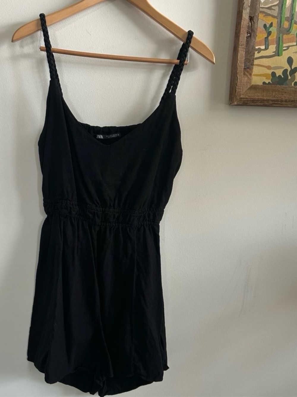 Zara Black Braided Strap Mini Romper Dress Linen Small